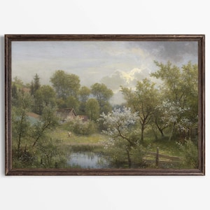 Vintage Spring Blossom Landscape Oil Painting, Neutral Antique Wall Art Print, Countryside Farmhouse Décor, PHYSICAL Paper Print #0393