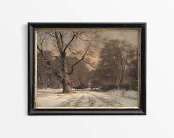 Vintage vintersolnedgångslandskap, neutral julsnö oljemålning, antik landsbygd bondgårdsdekor FYSISKT papperstryck #0941