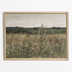 Rustic Meadow Antique Wall Art Print, Moody Floral Landscape Oil Painting, Vintage Country Farmhouse Décor, PHYSICAL Paper Print #0334