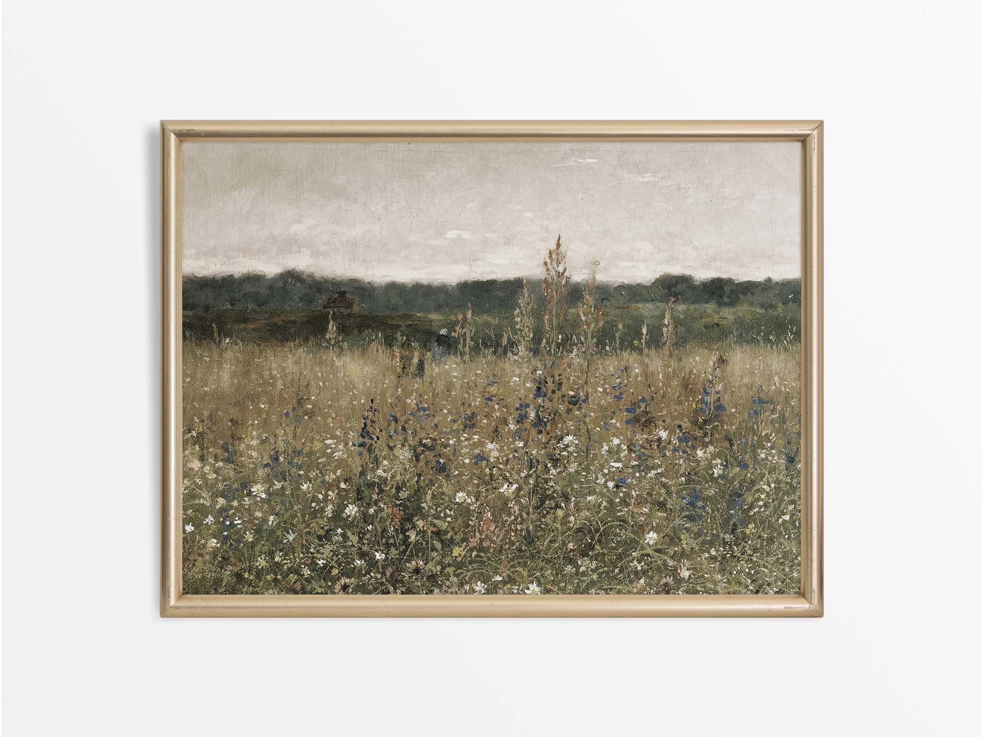 Rustic Meadow Antique Wall Art Print, Moody Floral Landscape Oil Painting, Vintage Country Farmhouse Décor, PHYSICAL Paper Print #0334