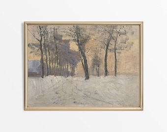 Antik vintersolnedgångslandskap, neutral snöoljemålning, vintage landsbygdslantgård juldekor FYSISKT papperstryck #0980