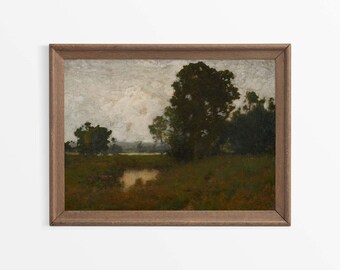 Antiek landschap landschapsolieverfschilderij, vintage kunst aan de muur, rustieke inrichting landelijke boerderij, bosbomen, fysieke papierprint #0905