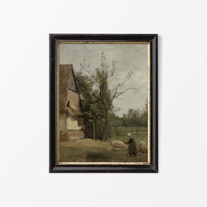 Rustic Antique Farmhouse Cottage Landscape Oil Painting, Moody Vintage Art, Shepherd Sheep Countryside Wall Décor PHYSICAL Paper Print #0870