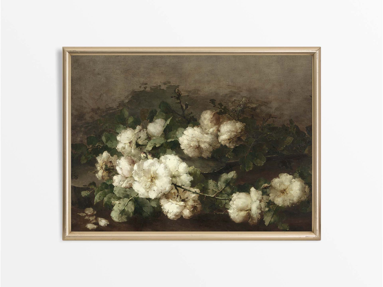 Moody Vintage Rose Still Life Oil Painting, Neutral Antique Flower Wall ...
