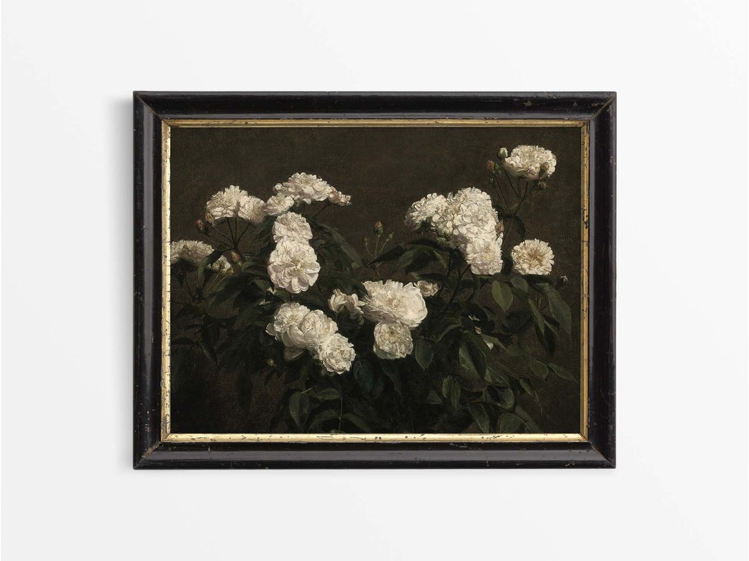 Antique White Roses Still Life Oil Painting | Moody Vintage Art Print ...