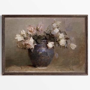 Vintage Rosen Ölgemälde Druck, Neutrales antikes Stillleben Wandkunst, Rustikales Blumen Bauernhaus Dekor, PHYSIKALISCHER Papierdruck #0383