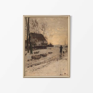 May include: A framed vintage print depicts a winter scene with a snow-covered landscape. A person in a long coat walks a path with sheep and a dog near a farmhouse. The artwork has a warm, sepia-toned color palette.