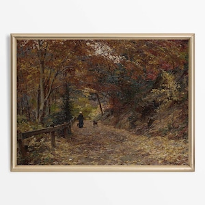 Woman and Dog Fall Autumn Landscape Oil Painting | Moody Vintage Art Print | Country Farmhouse Wall Décor | PHYSICAL Paper Print #0138