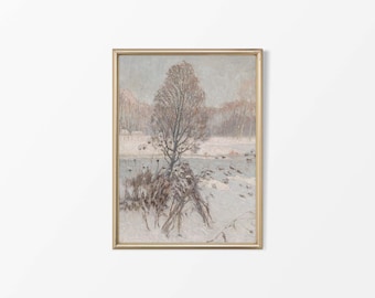 Minimalistiskt vintage vinterlandskap, neutral snöoljemålning, antik festlig juldekor, träd, FYSISKT papperstryck #0721