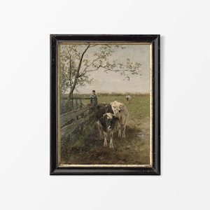 Rustic Antique Cows Oil Painting, Vintage Landscape Wall Art Print, Moody Countryside Farmhouse Décor, PHYSICAL Paper Print #0348