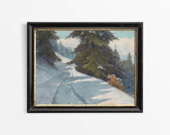 Rustikt vintage vinterlandskap, neutral snöoljemålning, antik festlig juldekor, träd, FYSISKT papperstryck #0734
