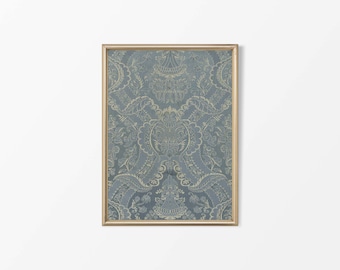 Rustic Blue Floral Pattern Textile Wall Art | Vintage Tapestry Print | Antique Country Farmhouse Décor | PHYSICAL Paper Print #0087