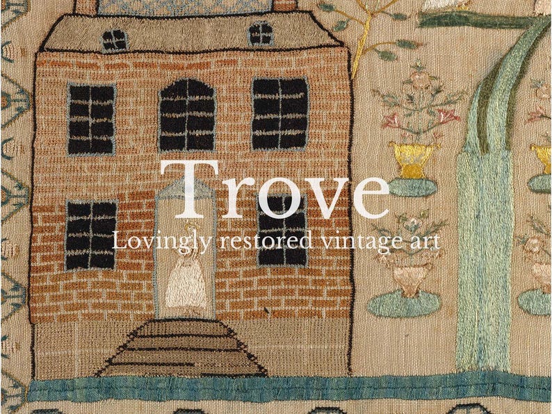 May include: A vintage textile art piece depicting a brick house with black windows and a chimney. The text "Trove" and "Lovingly restored vintage art" are displayed. The artwork includes embroidered trees and decorative elements.
