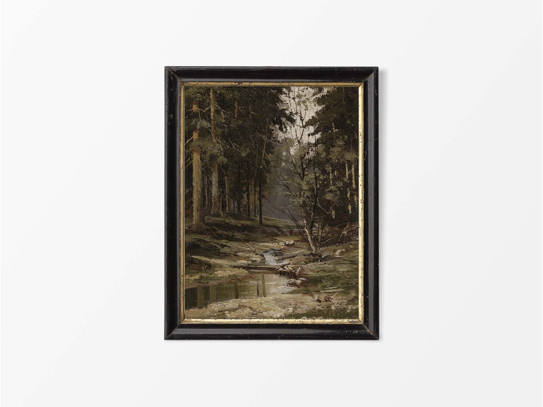 Dark Moody Forest Stream Landscape Oil Painting | Rustic Vintage Art ...