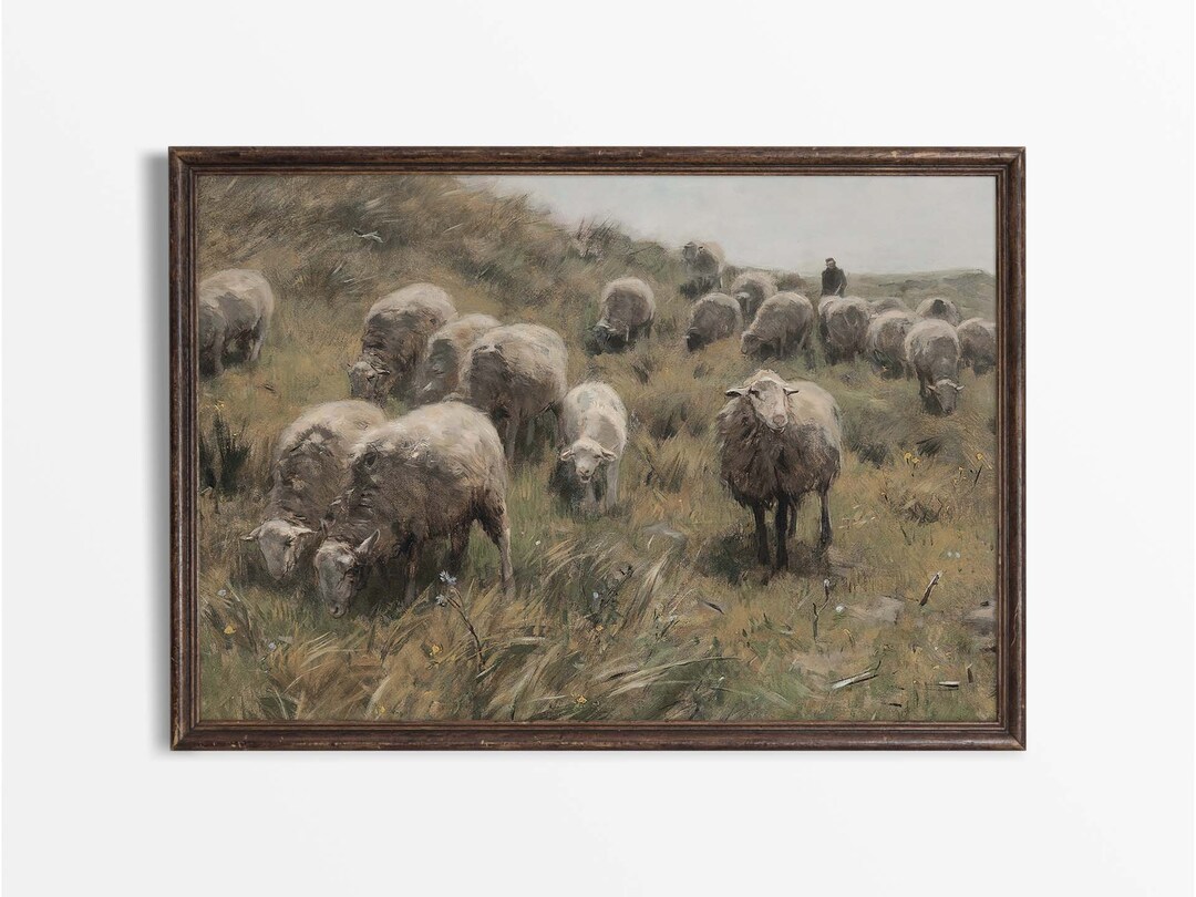 Rustic Shepherd & Sheep Oil Painting, Vintage Landscape Wall Art Print ...