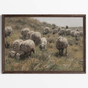 Rustic Shepherd & Sheep Oil Painting, Vintage Landscape Wall Art Print, Neutral Antique Farmhouse Décor, PHYSICAL Paper Print #0333