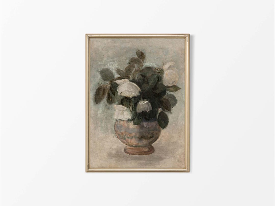 Vintage Rose Still Life Oil Painting, Rustic Antique Flower Vase Wall ...