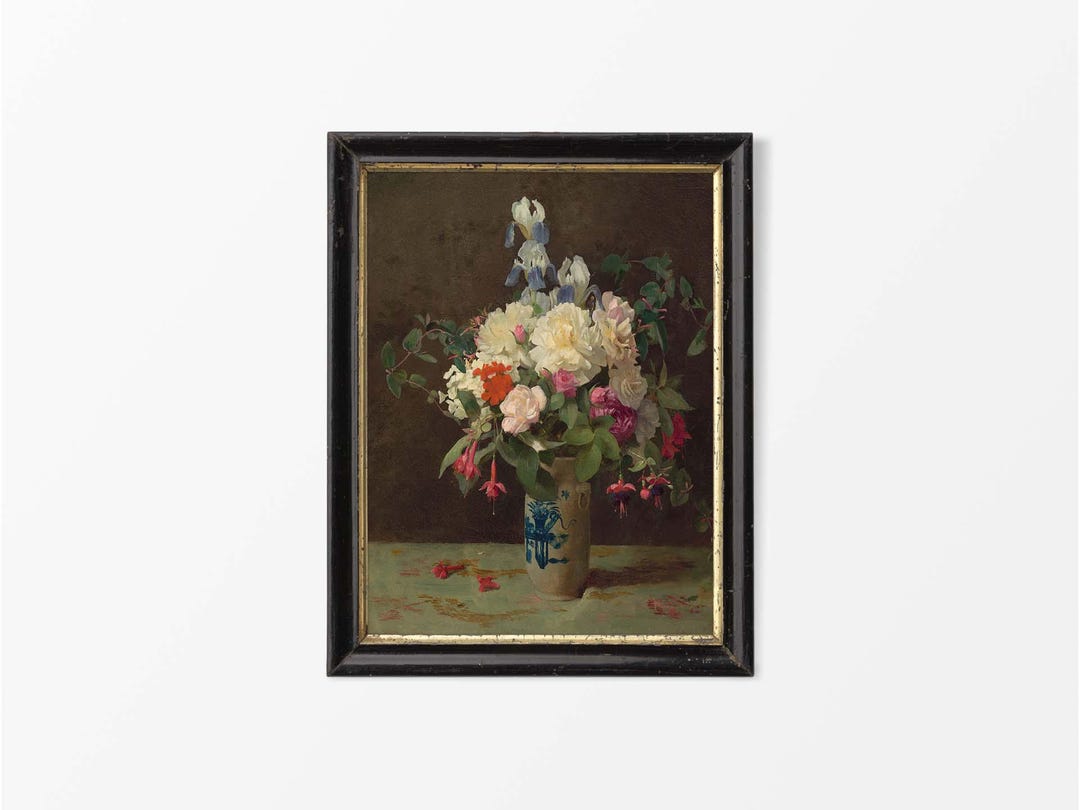 Rustic Vintage Still Life Oil Painting, Moody Antique Flower Vase Wall ...