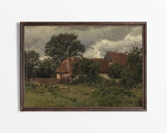 Könnte beinhalten: Ein Gemälde, das eine ländliche Szene mit einem Bauernhaus mit Strohdach zeigt, umgeben von Bäumen und einem bewölkten Himmel.