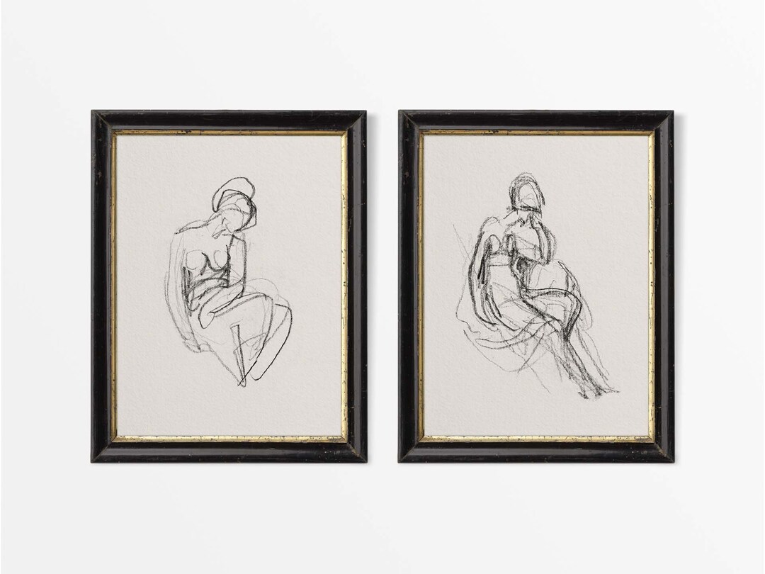 Set Of Two Minimalist Nude Woman Portrait Sketches Neutral Vintage Art set-of-two-minimalist-nude-woman-portrait-sketches-neutral-vintage-art