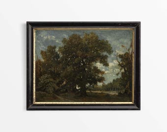 Humeurig antiek landschapsolieverfschilderij, eiken vintage muurkunst, rustieke inrichting landelijke boerderij, landschap, fysiek papier print #0923