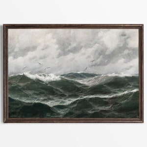 Stormy Ocean Seascape Oil Painting | Moody Vintage Art Print | Beach Lake House Wall Décor | PHYSICAL Paper Print #0017
