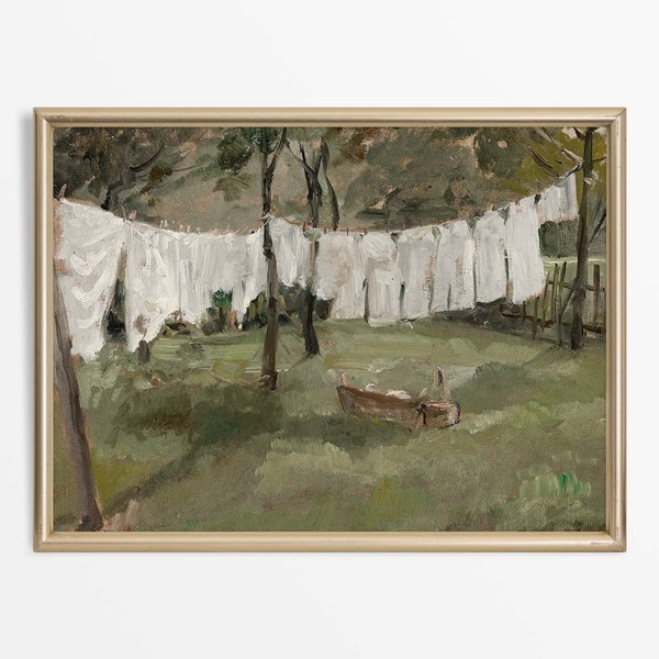 Vintage Laundry Room Wall Art Print, Neutral Country Landscape Oil Painting, Rustic Antique Farmhouse Décor PHYSICAL Paper Print #0358