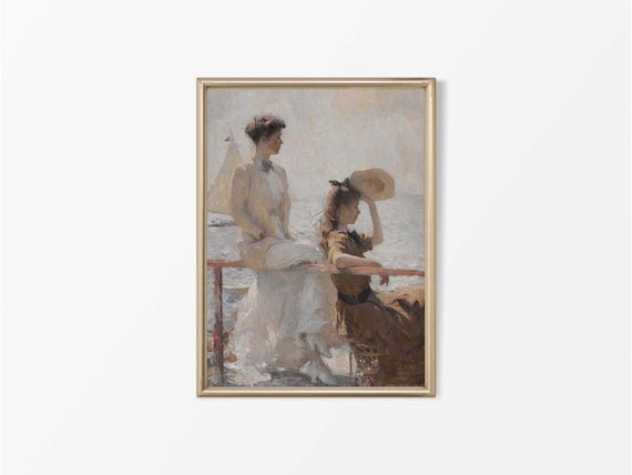 油彩画 女性肖像画 額縁付き ヴィンテージ インテリア アート 美術品 二人の女性の肖像画 油絵 | ニュートラルなヴィンテージアートプリント