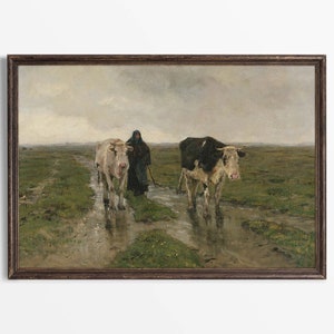 Rustic Farmhouse Cow Wall Art, Moody Landscape Oil Painting, Antique Artwork Print, Vintage Country Décor, PHYSICAL Paper Print #0272