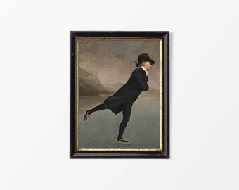 Man Ice Skating Vintage Portrait Print, Moody Antique Winter Oil Painting, Neutral Country Wall Art Décor, PHYSICAL Paper Print #0347