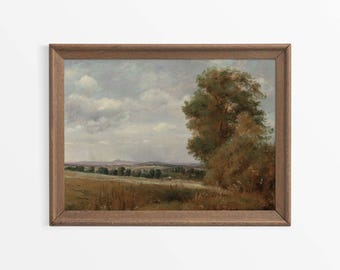 Antiek landschapsolieverfschilderij, rustieke boerderij muurkunst, vintage landschapsinrichting, bomen FYSIEKE papierprint #0671