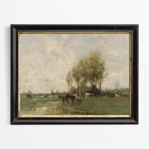 Rustic Vintage Cows Wall Art Print, Neutral Antique Landscape Oil Painting, Countryside Farmhouse Décor, PHYSICAL Paper Print #0359