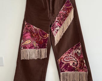 Handmade Boho Patchwork Denim Trousers: Fringed Festival Jeans