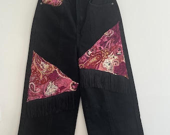 Boho Patchwork Denim Trousers: Upcycled Fringed Jeans