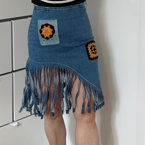 Handmade Denim Skirt with fringe Remake Jean skirt with Tassels Birthday Gift  Summer Wear For Her