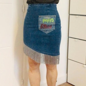 Handmade patchwork denim skirt with fringe Tassels Gift Boho Style Denim Skirt Recycled Skirt Birthday Gift For Girlfriend For her