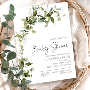 Greenery Babyparty Einladungsvorlage, druckbare grüne Blätter Babyparty einladen, bearbeitbare Kalligraphie Babyparty einladen