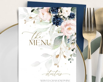 Blue Floral Wedding Menu Template: Printable Rose Dinner Card (3.75x9 & 4x9")
