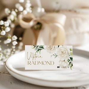 de marque de table ivoire | Carte de table de mariage modifiable florale | Cartes de visite imprimables Rose crémeux | Cartes de table pliées Tente plate SAINT LE280