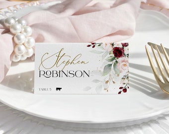 Burgundy Floral Wedding Place Card Template: Editable Printable
