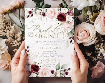 Burgundy Floral Bridal Shower Invitation Template (Editable)  LE440