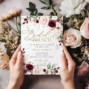 Burgundy Bridal Shower Invitation Template | Bohemian Soft Pink & Burgundy Bridal Shower Invite Card | Editable Bloom Pink Invite | LE440