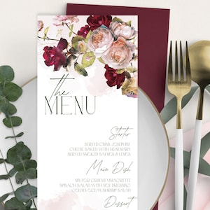 Plantilla de menú de boda de Borgoña, tarjeta de menú de boda de flores del desierto imprimible, menú de boda editable en color rosa ruborizado, menú de boda