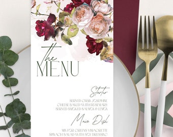 Modello di menu per matrimonio floreale bordeaux: modificabile e stampabile
