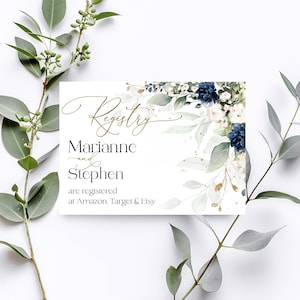 Modelo de cartão de registro de presente azul marinho editável diy cartão de cerco de registro de casamento inserção de registro de presente de casamento | Cartão Flores azuis