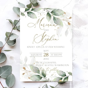 Salbei Grün Hochzeitseinladung Vorlage | Goldhochzeit im Grünen Einladen | Blumen Eukalyptus Einladen | Moderne Eukalyptus Hochzeit GRACE | LE220