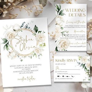 Beige Gold Hochzeitseinladung, Beige Gold Hochzeitseinladung, Cremefarbene Hochzeitseinladung und Rsvp Weiße Rose HEILIGER LE280