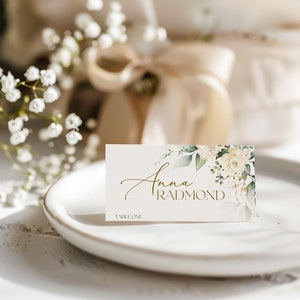 Modello segnaposto in avorio / Biglietto da tavolo nuziale modificabile floreale / Biglietti da visita stampabili con rosa cremosa / Carte da tavolo piegate a tenda piatta MIA / LE150