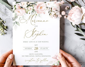 Blush Pink Floral Wedding Invitation Template (Editable)