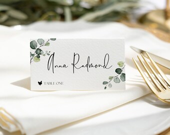 Plantilla de tarjeta de lugar minimalista / Tarjeta de mesa de boda imprimible de eucalipto / Tarjetas de nombre imprimibles verdes modernas / Tarjeta Avery / Tarjeta de asiento / EVA